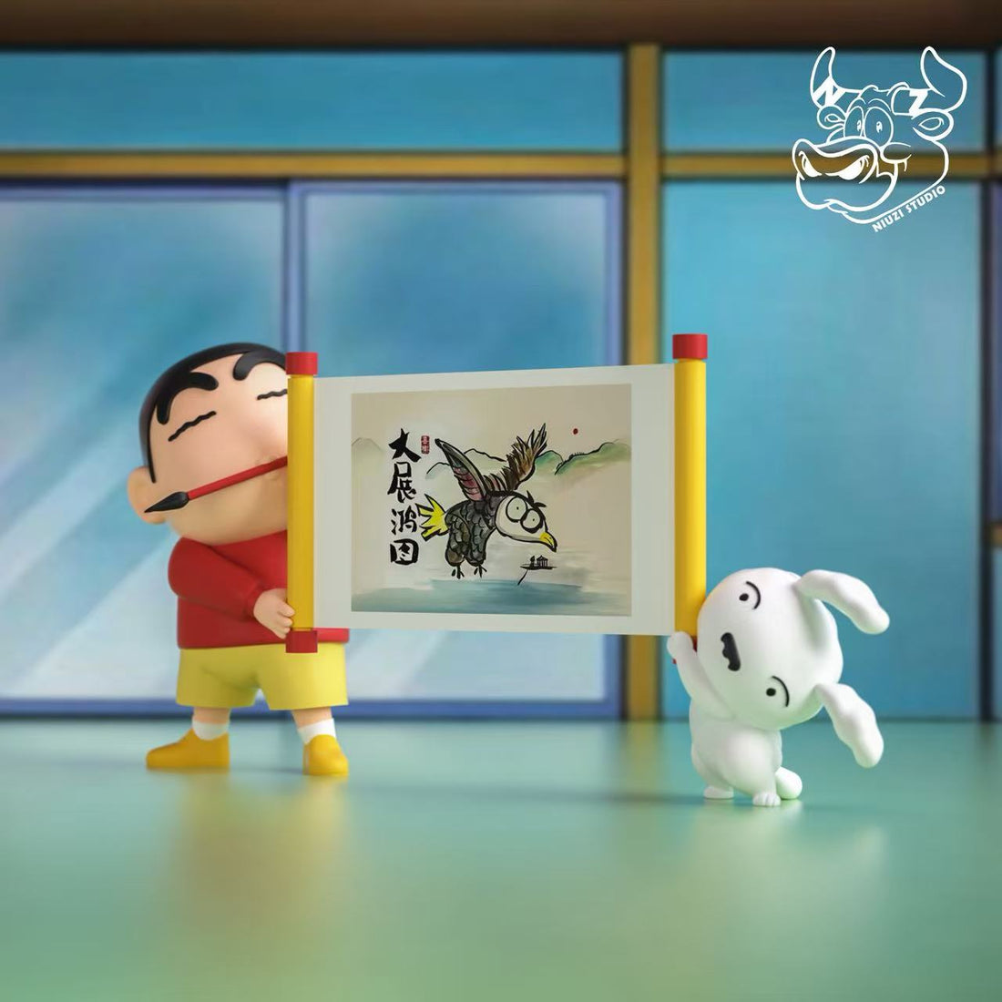 Crayon Shin Chan NIUZI Studio Great Ambition Calligraphy Shin Chan Resin Statue